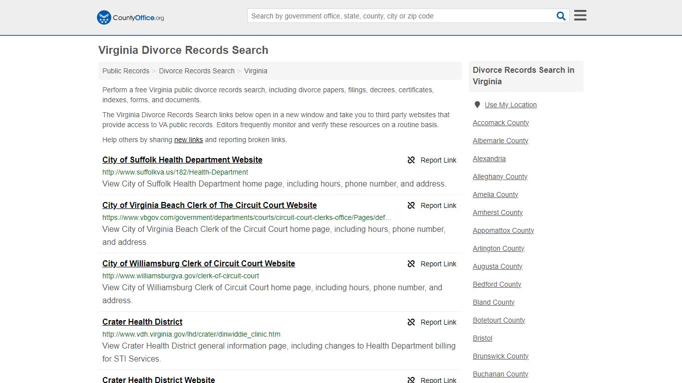 Virginia Divorce Records Search - County Office